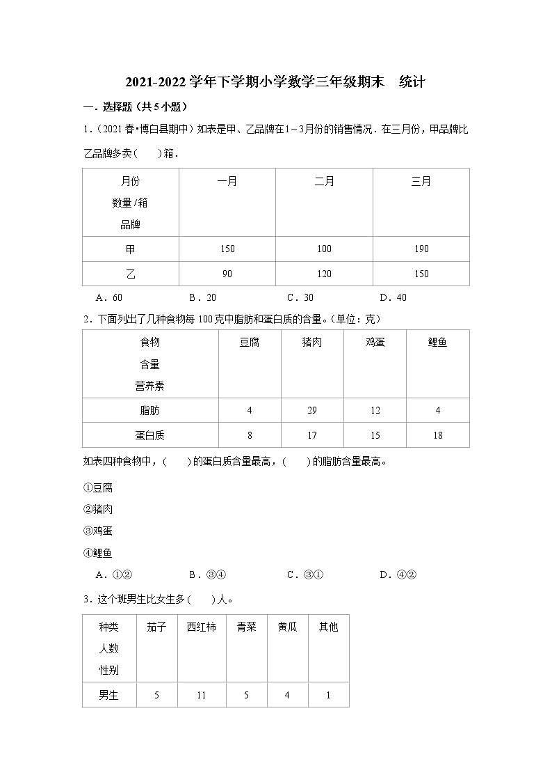 【期末专项】统计（试题） 2021-2022学年数学三年级下册 人教版第1页