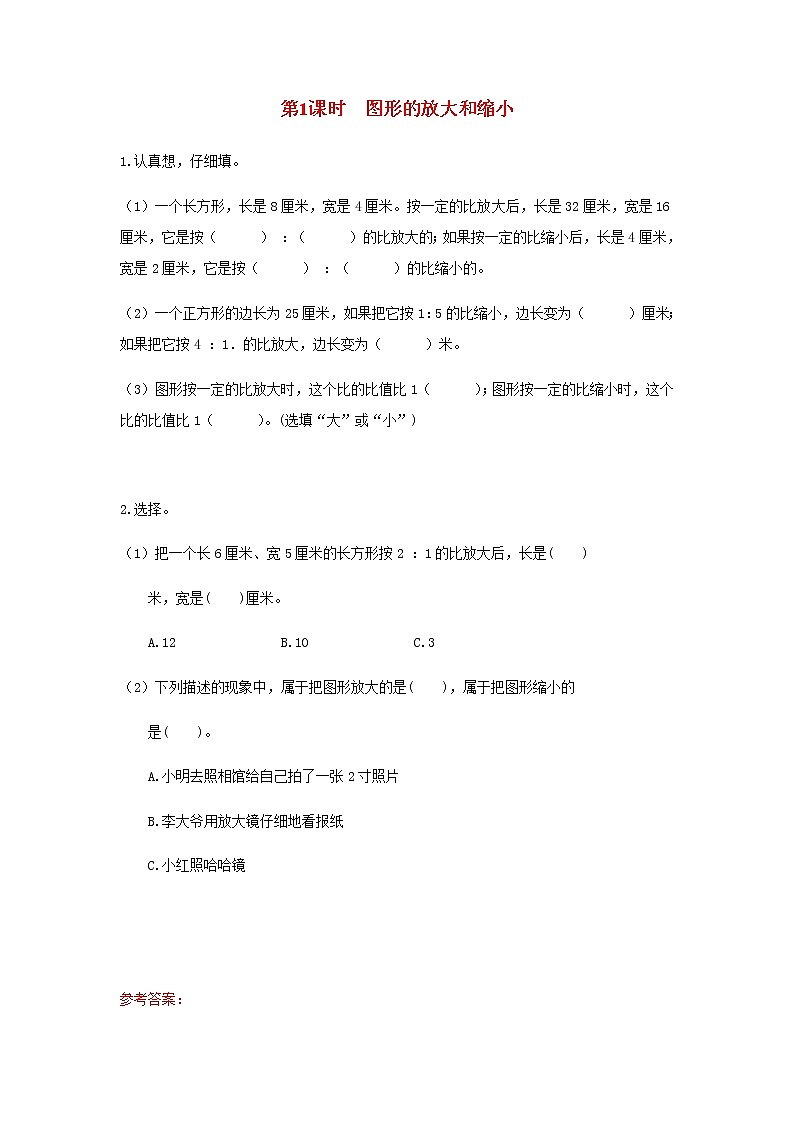 苏教版六年级数学下册第四单元比例第1课时图形的放大和缩小作业含答案 练习01