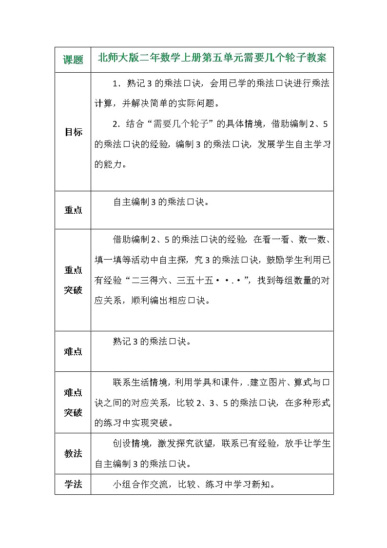 北师大版二年数学上册第五单元需要几个轮子教案第1页