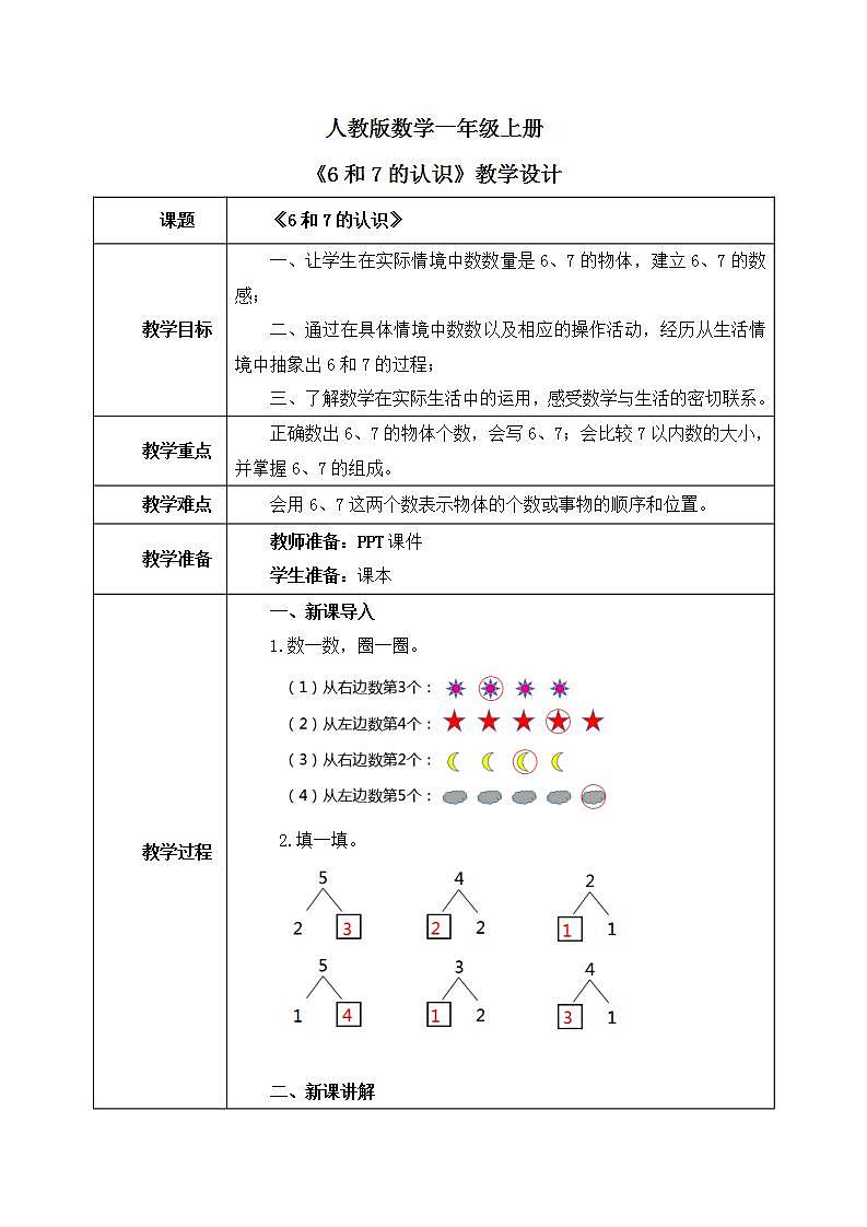 人教版数学一年级上册5.1《6和7的认识》课件+教学设计01