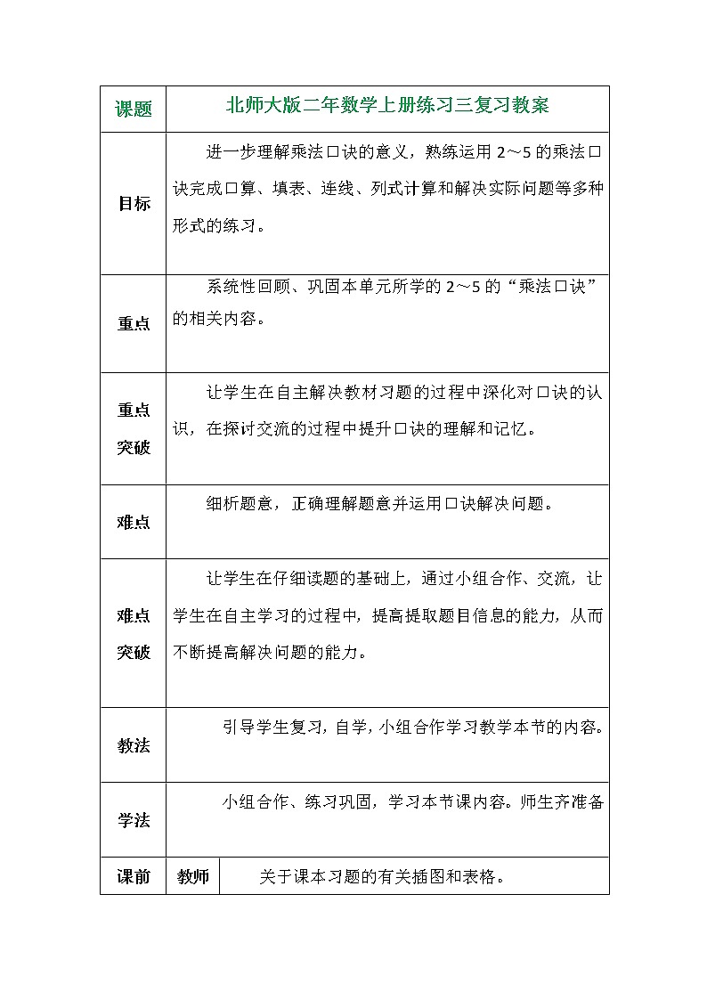 北师大版二年数学上册练习三复习教案第1页