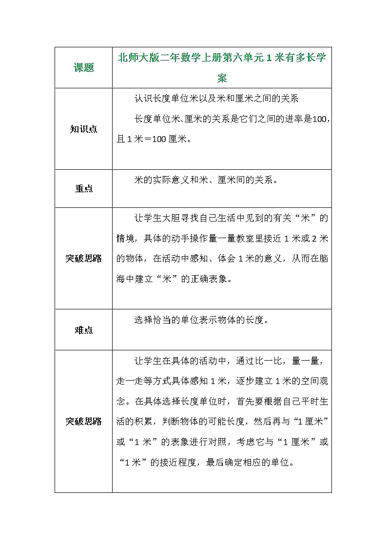 北师大版二年数学上册第六单元1米有多长学案01