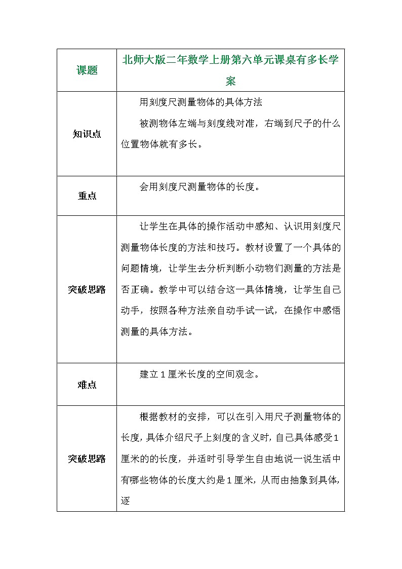 北师大版二年数学上册第六单元课桌有多长学案01