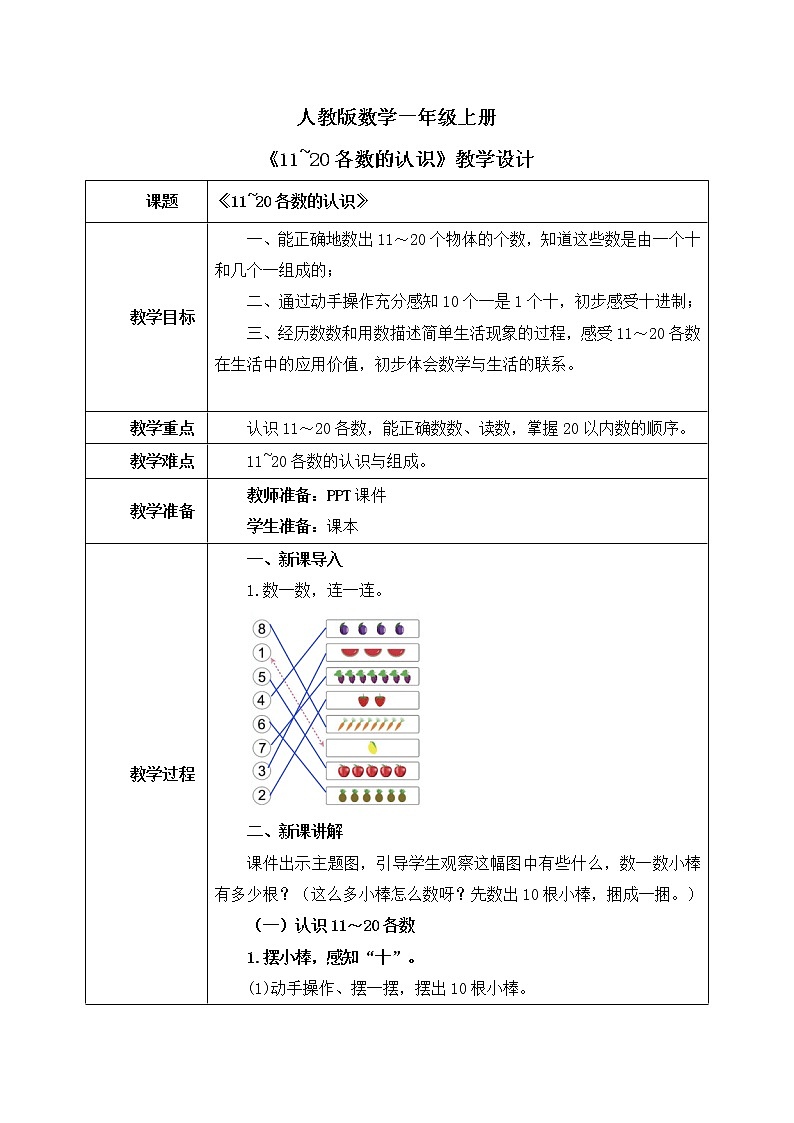人教版数学一年级上册6.1《11~20各数的认识》课件+教学设计01