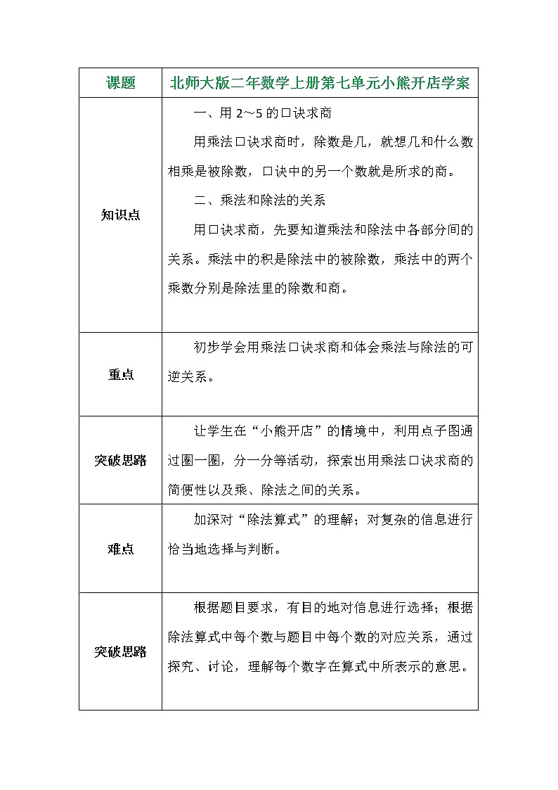 北师大版二年数学上册第七单元小熊开店学案第1页