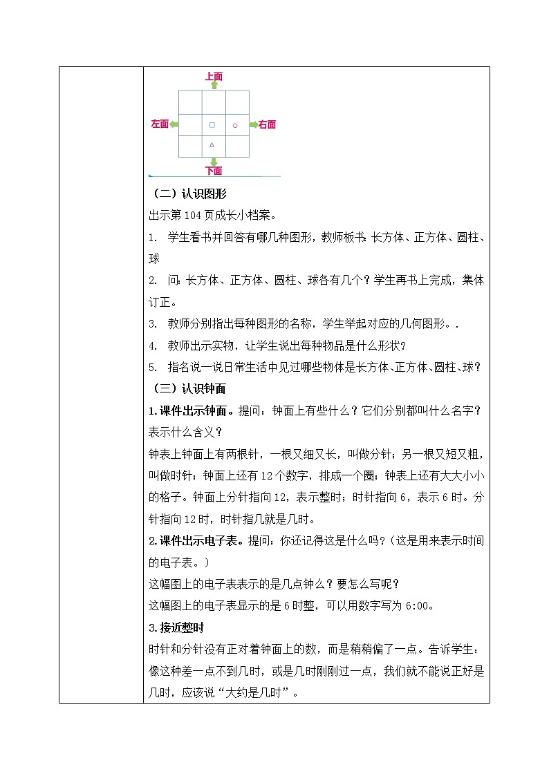人教版数学一年级上册9.2《总复习--认识位置、图形和钟表》课件+教学设计02