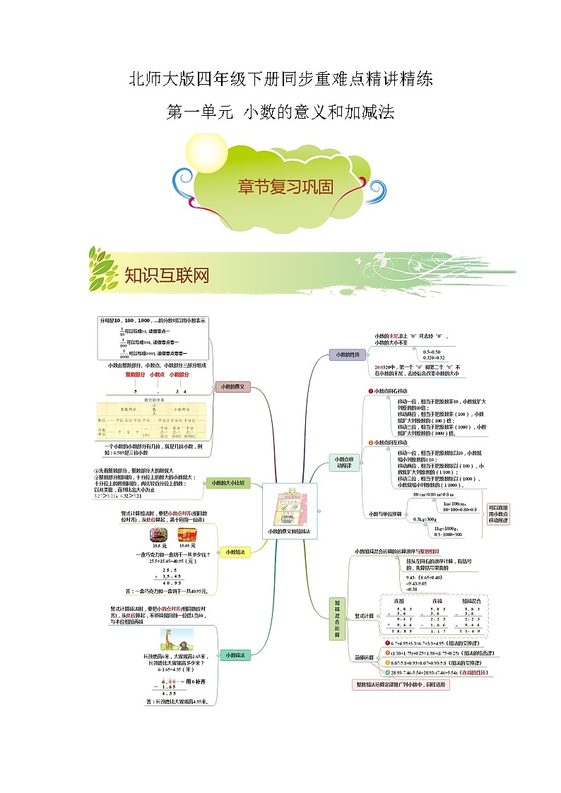 【期末知识大串讲】第一单元《小数的意义和加减法》章节复习巩固—2021-2022学年数学四年级下册重难点讲义精讲精练（原卷+解析）北师大版01
