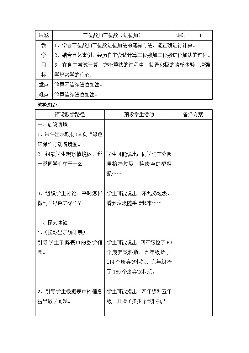 二年级下册数学教案-6.1.3 三位数加三位数（进位加）｜冀教版第1页