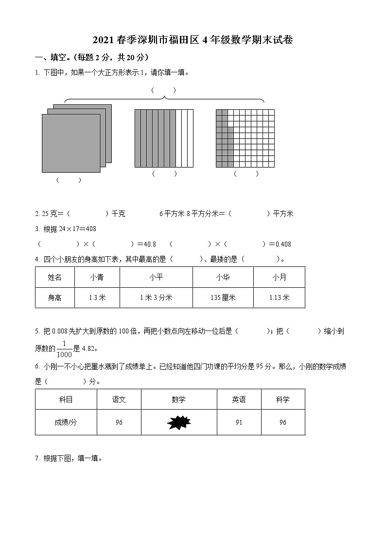 2020-2021学年广东省深圳市福田区北师大版四年级下册期末考试数学试卷（试卷）第1页