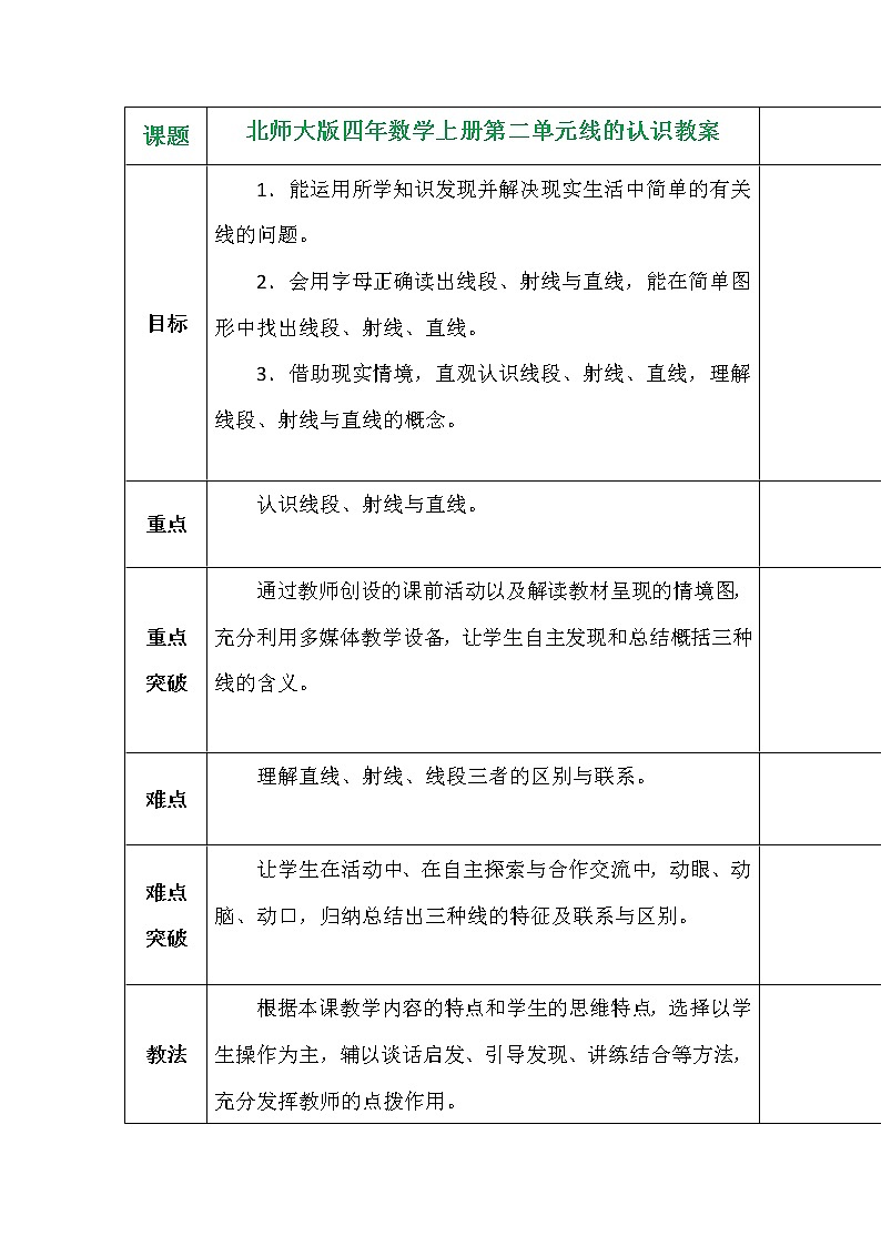 北师大版四年数学上册第二单元线的认识教案第1页