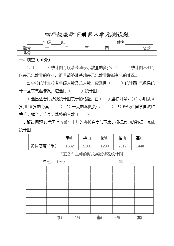 第八单元 绿色家园——折线统计图 单元测试题01