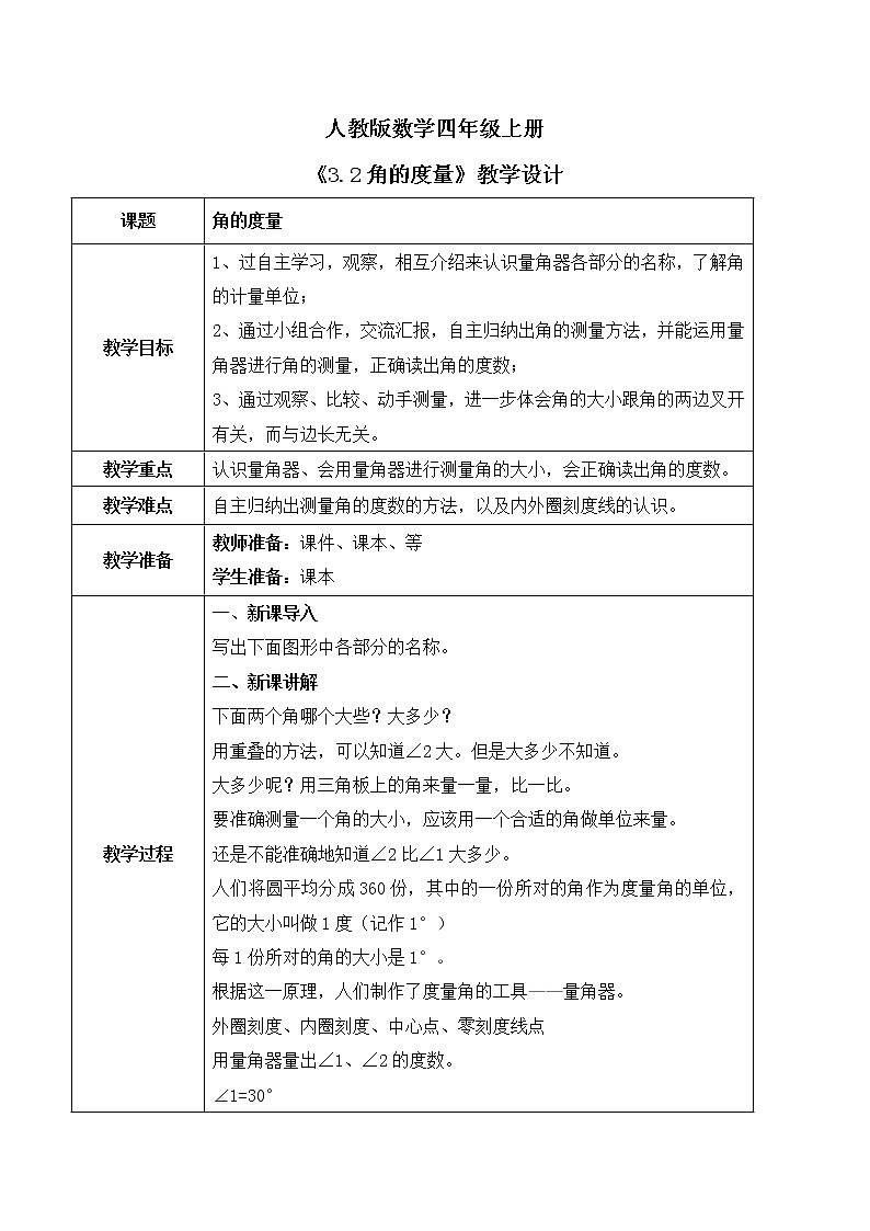 人教版数学四上3.2 《角的度量》课件+教学设计01