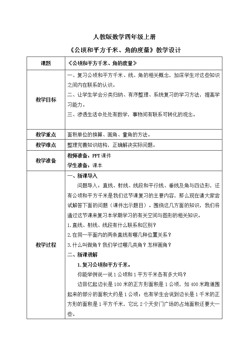 人教版数学四年级上册9.3《公顷和平方千米、角的度量》课件+教学设计01
