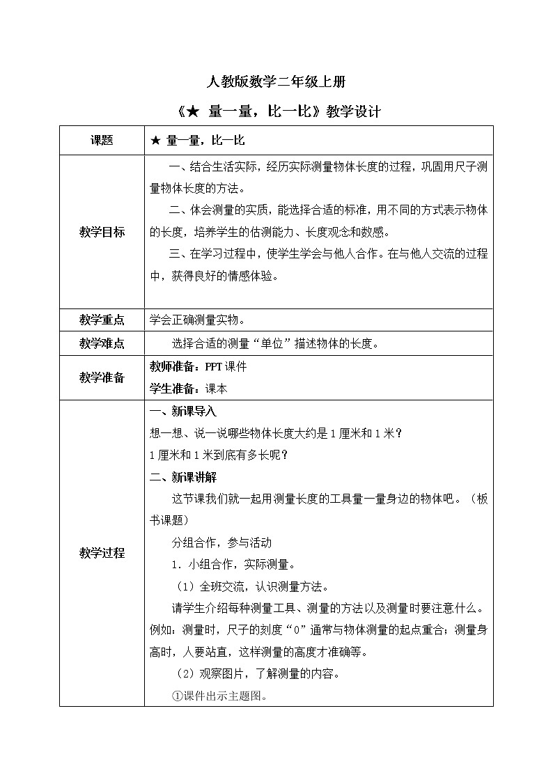人教版数学二年级上册《量一量比一比》课件+教学设计01
