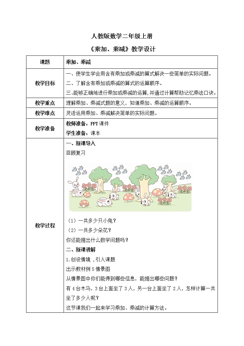 人教版数学二年级上册4.4《乘加、乘减》教学设计第1页