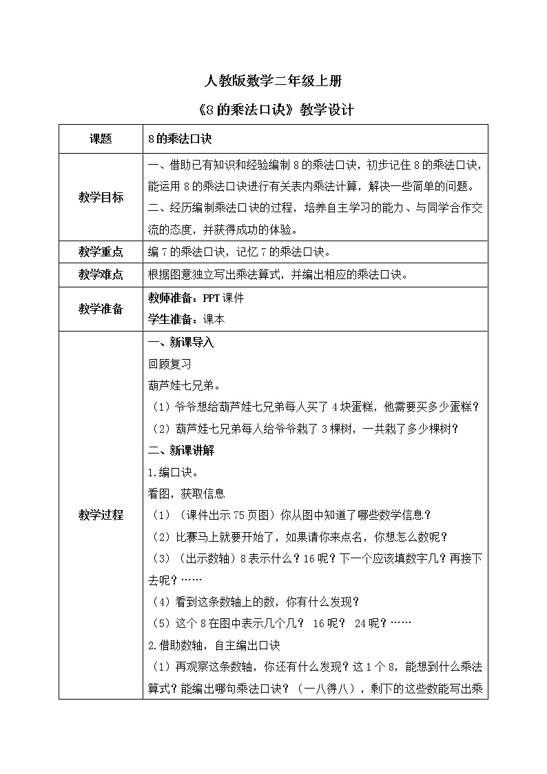 人教版数学二年级上册6.2《8的乘法口诀》课件+教学设计01