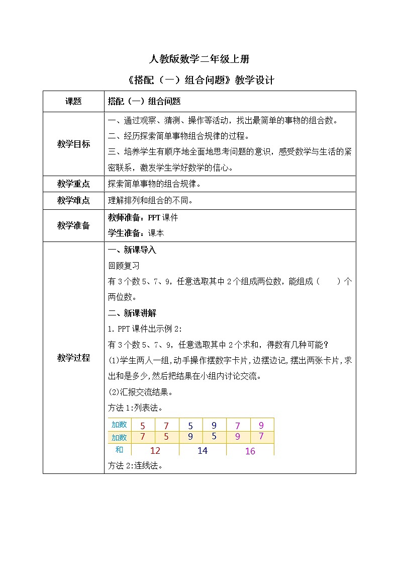 人教版数学二年级上册8.2《搭配（一）组合问题》课件+教学设计01