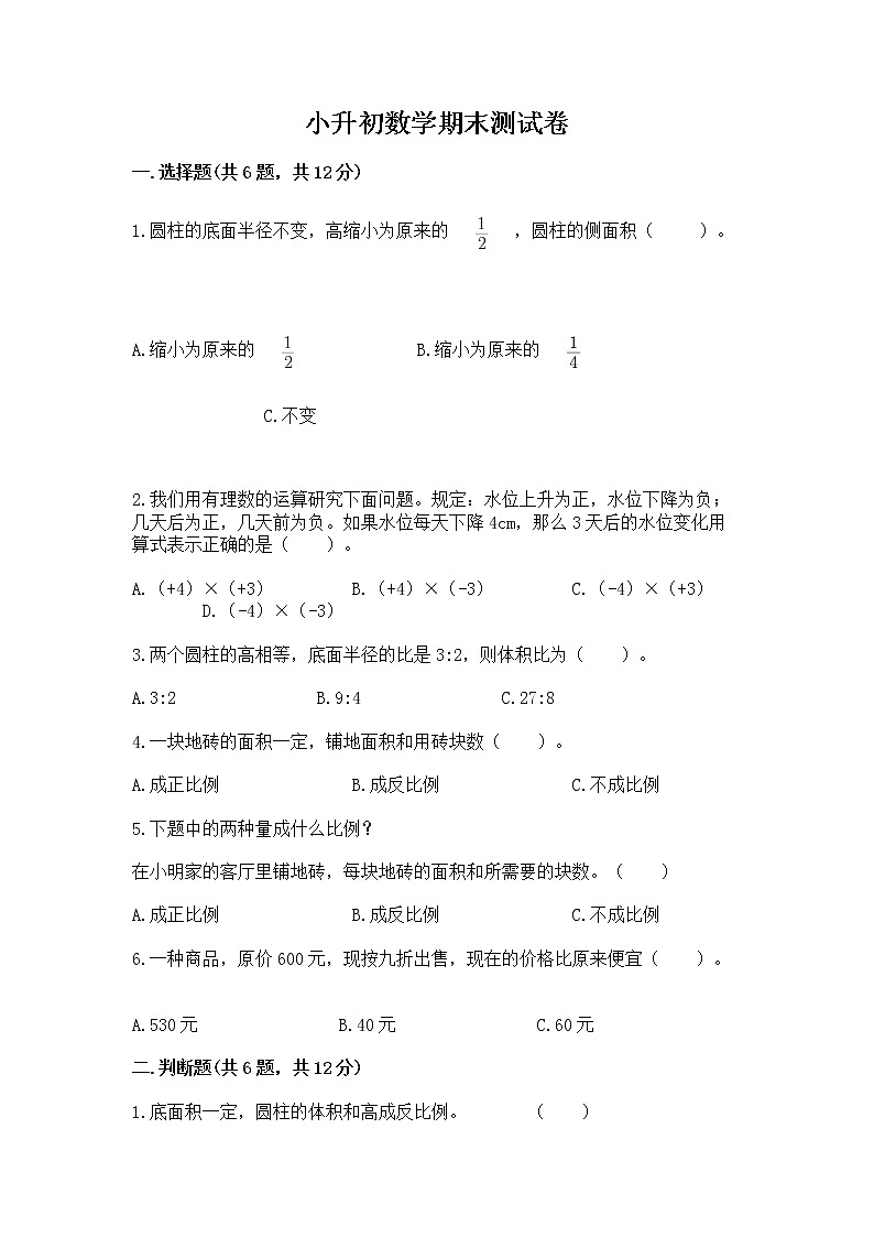 小升初数学期末测试卷标准卷01