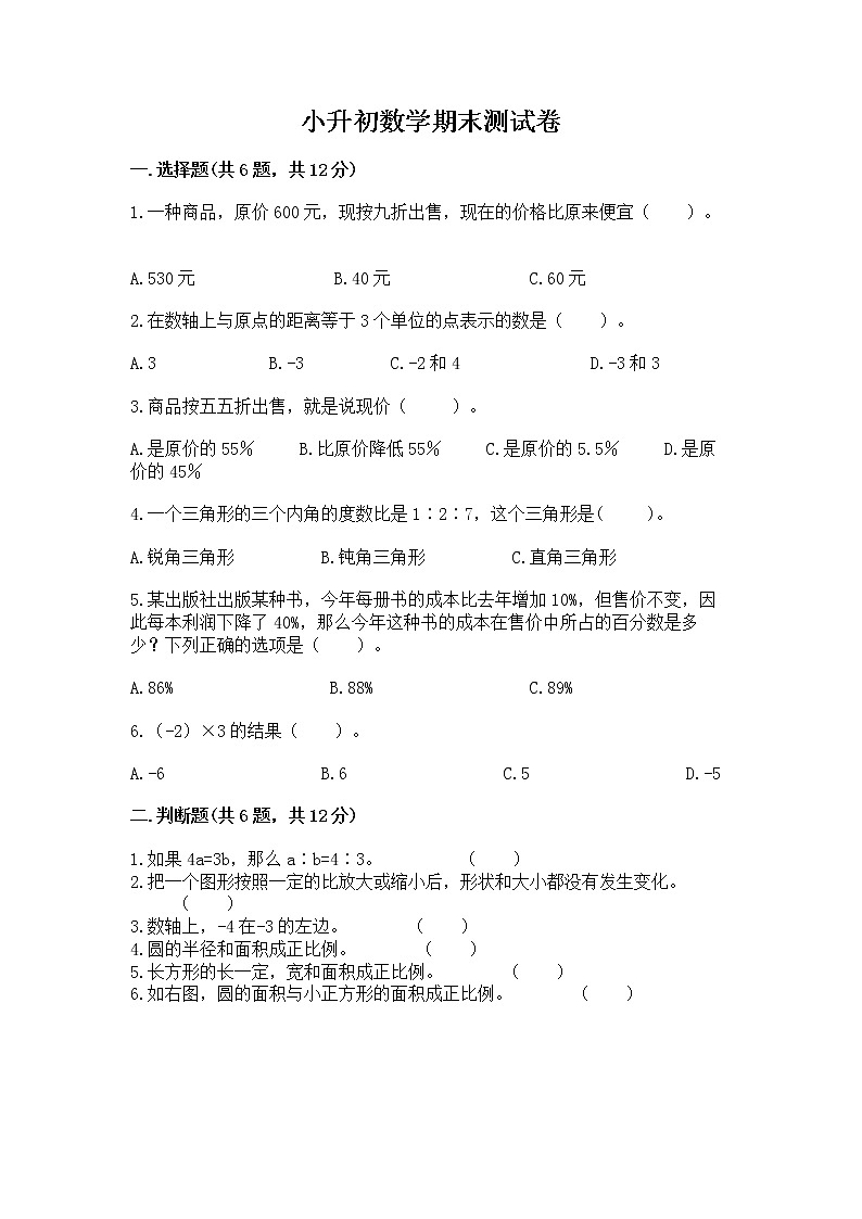 小升初数学期末测试卷（精品）第1页