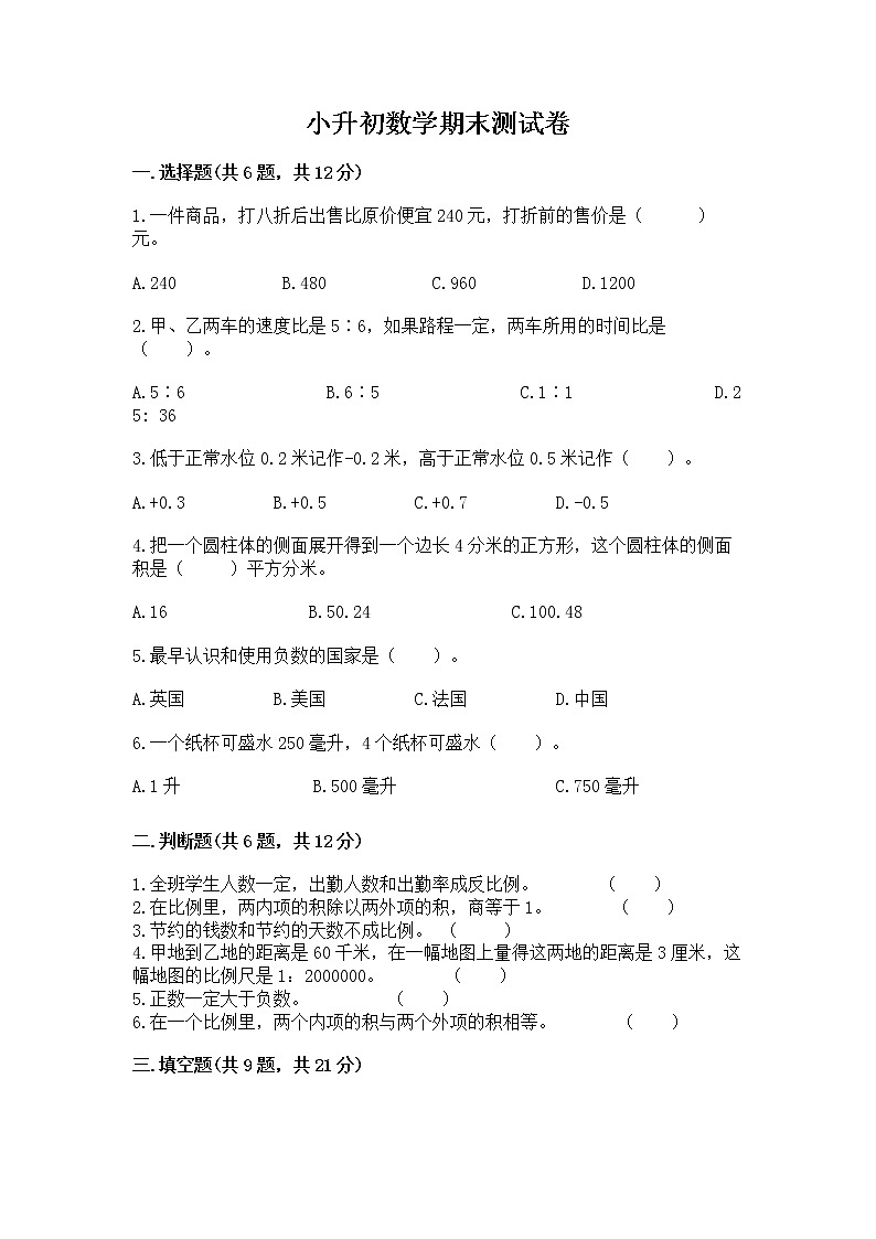 小升初数学期末测试卷（考试直接用）word版01