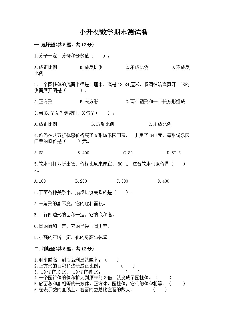 小升初数学期末测试卷（巩固）第1页