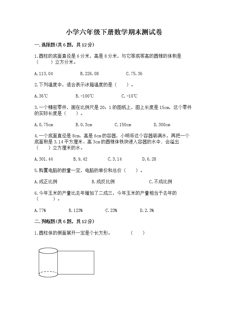 小学六年级下册数学期末测试卷含完整答案（各地真题）第1页