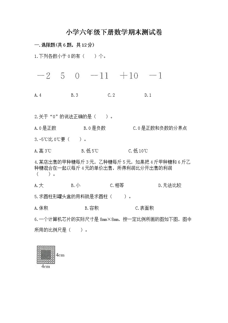小学六年级下册数学期末测试卷精品【网校专用】01