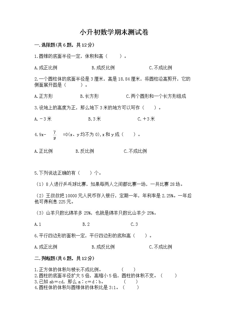 小升初数学期末测试卷含答案（培优b卷）第1页