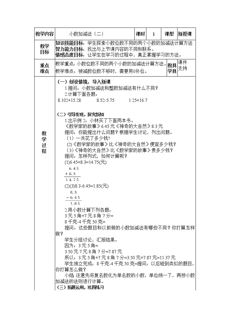 三年级下册数学教案-6.2.2 简单的小数加减法（进位、退位）｜冀教版第1页