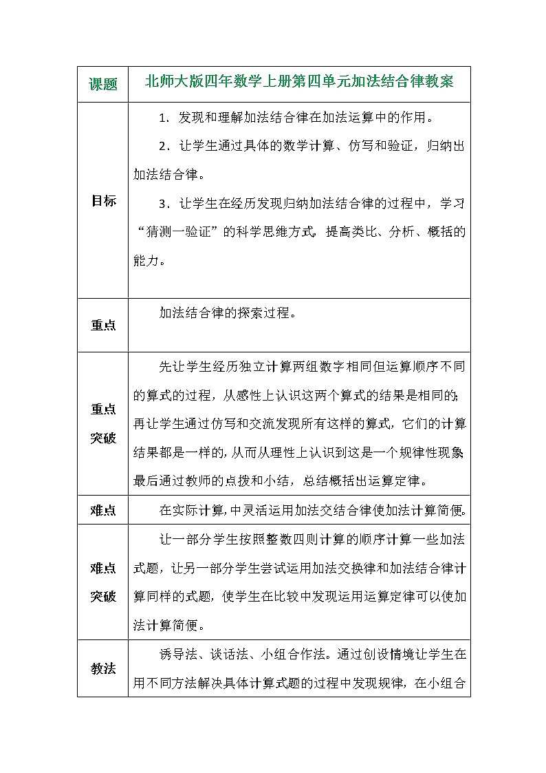 北师大版四年数学上册第四单元加法结合律教案01