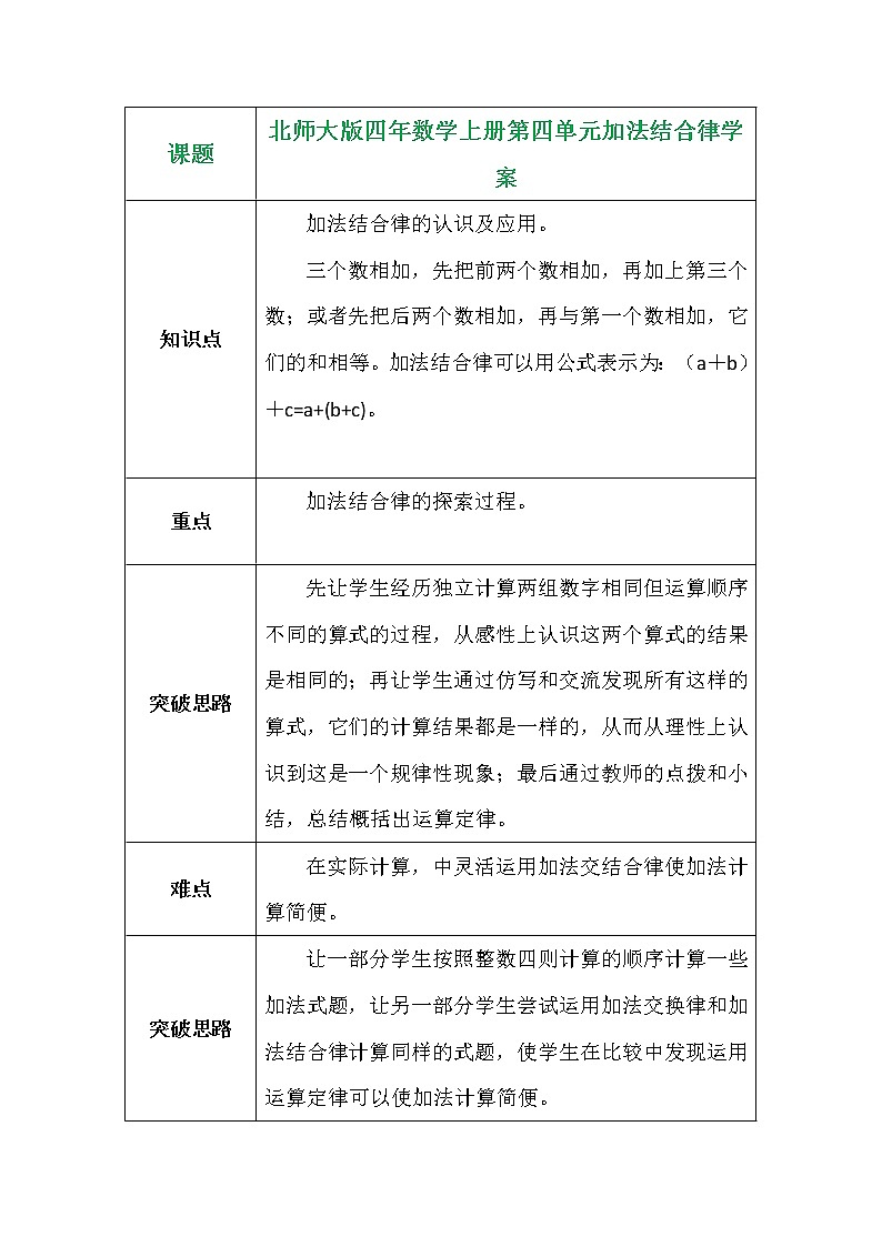 北师大版四年数学上册第四单元加法结合律学案01