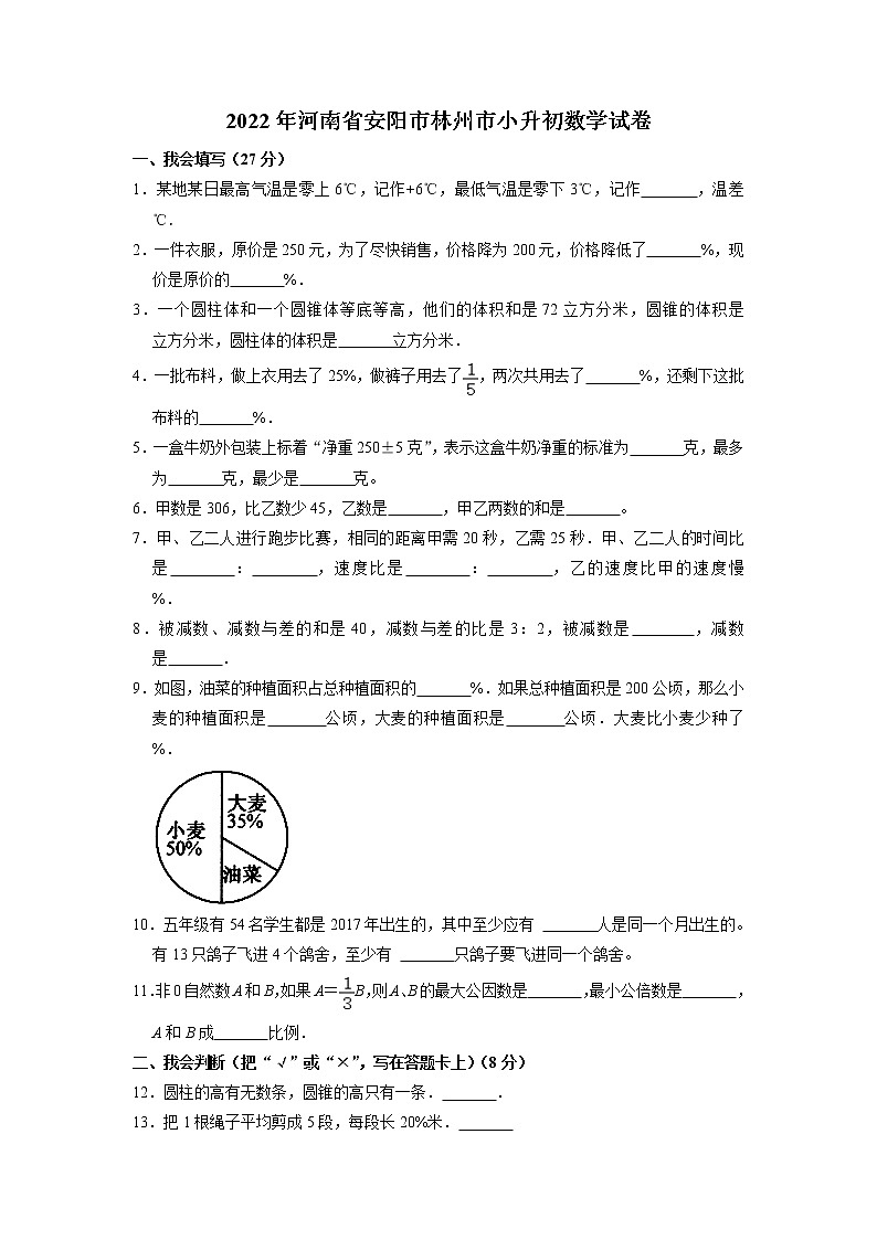 河南省安阳市林州市2021-2022学年六年级下学期期末数学试卷（含答案）第1页