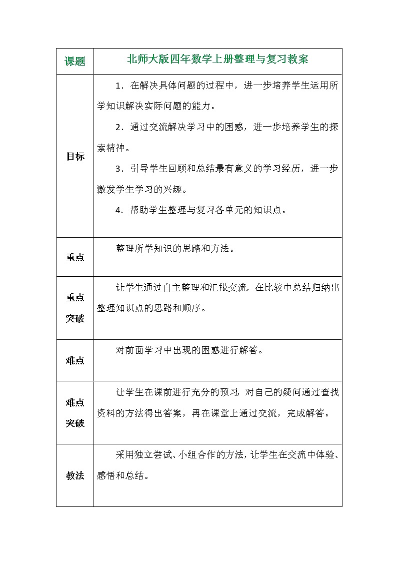 北师大版四年数学上册整理与复习教案第1页