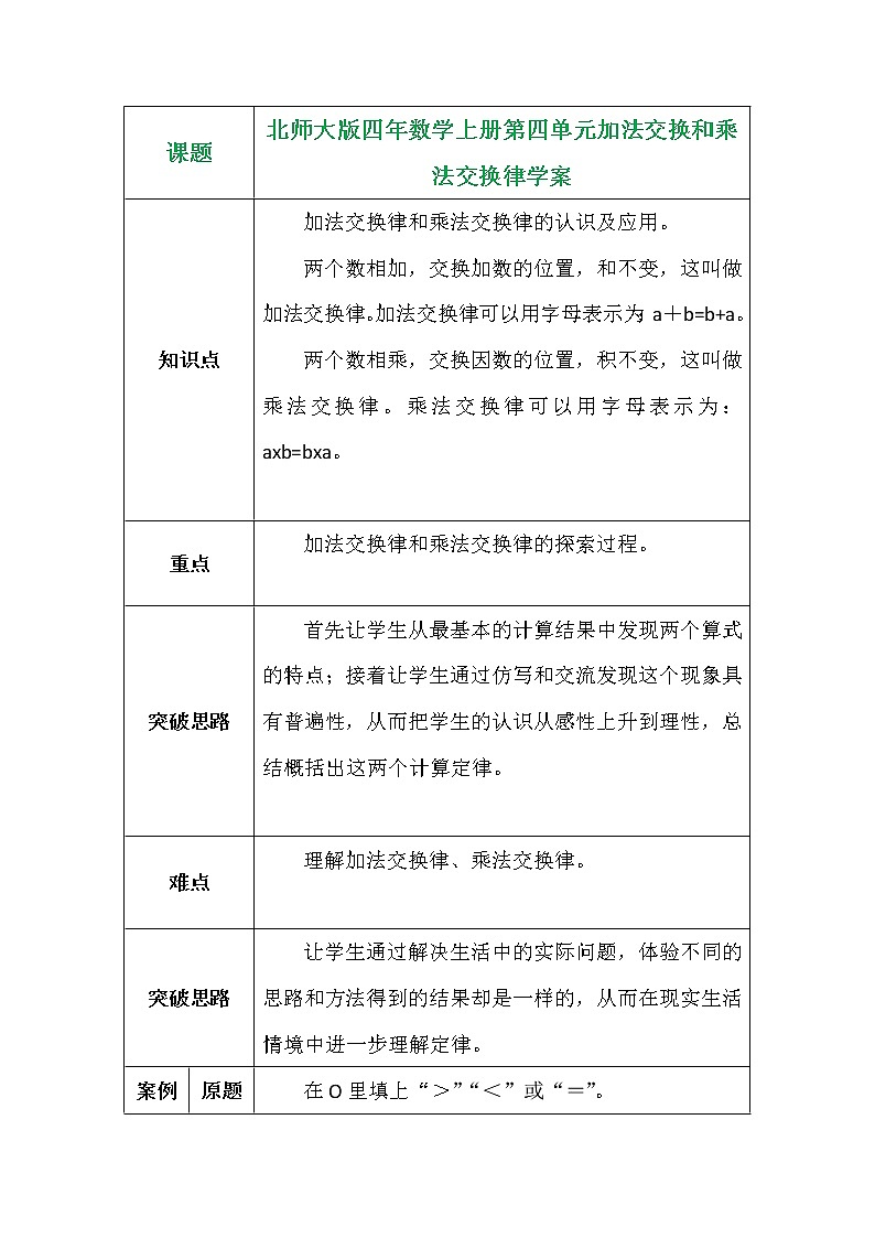 北师大版四年数学上册第四单元加法交换和乘法交换律学案01