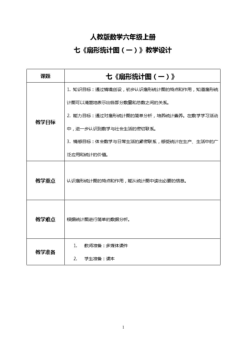人教版小学数学六年级上册7.1《扇形统计图（一）》教学设计第1页