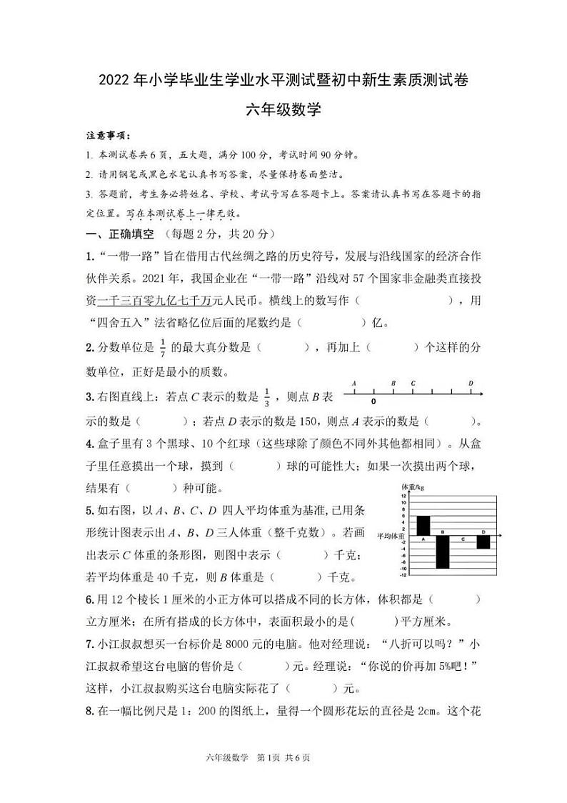 浙江省杭州市2021-2022学年六年级下册小学毕业生学业水平初中新生素质测数学试卷01