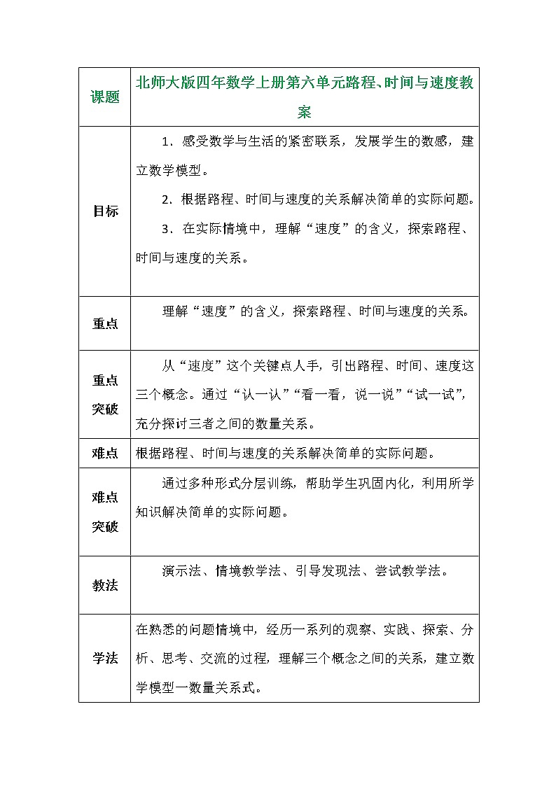 北师大版四年数学上册第六单元路程、时间与速度教案01
