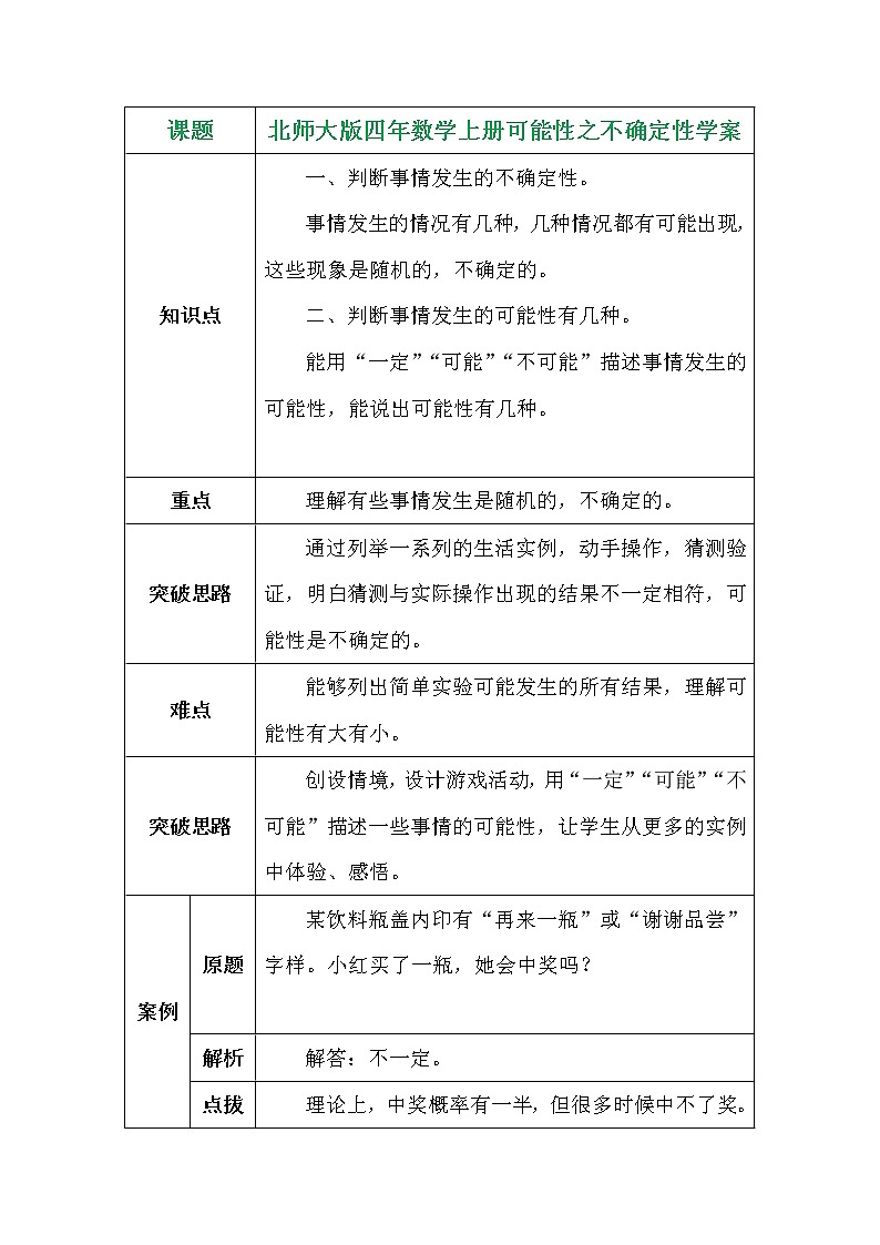 北师大版四年数学上册可能性之不确定性学案第1页