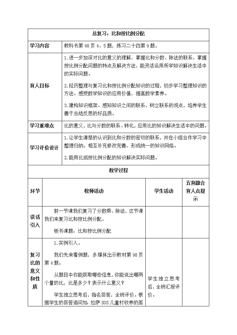 西师版六年级上册数学表格式教案9.2比和按比例分配  总复习01