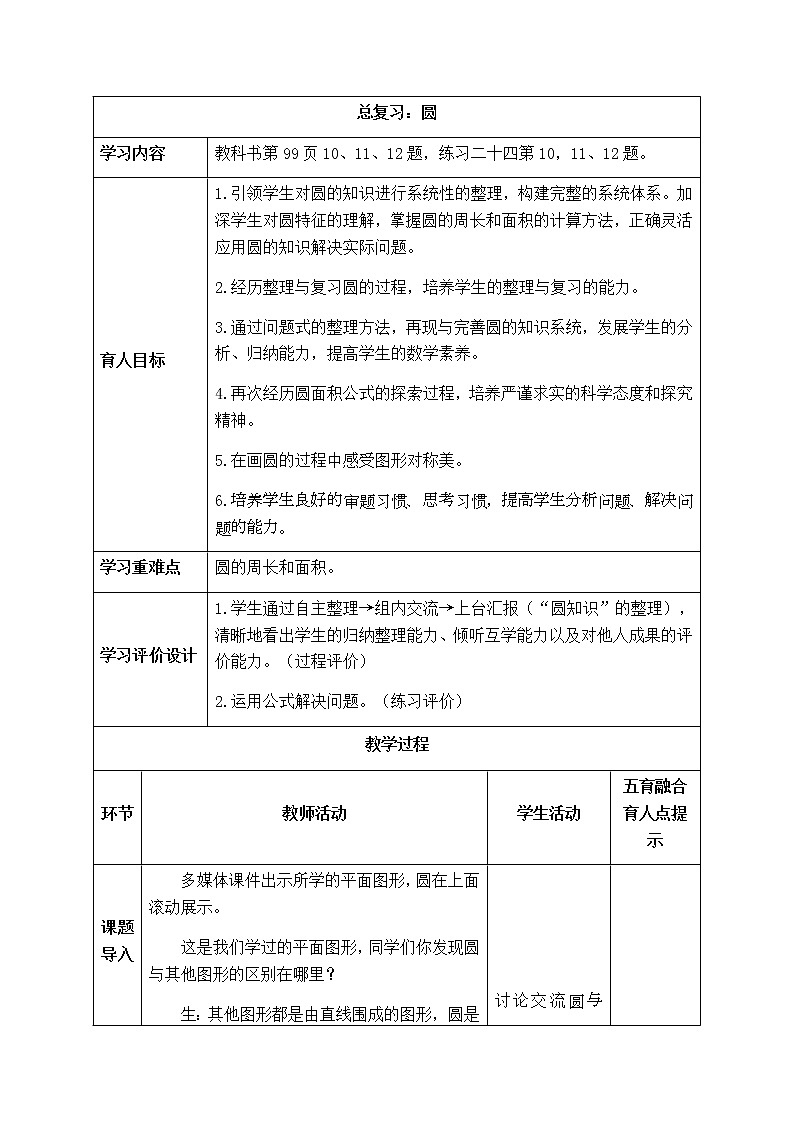 西师版六年级上册数学表格式教案9.4圆 总复习01