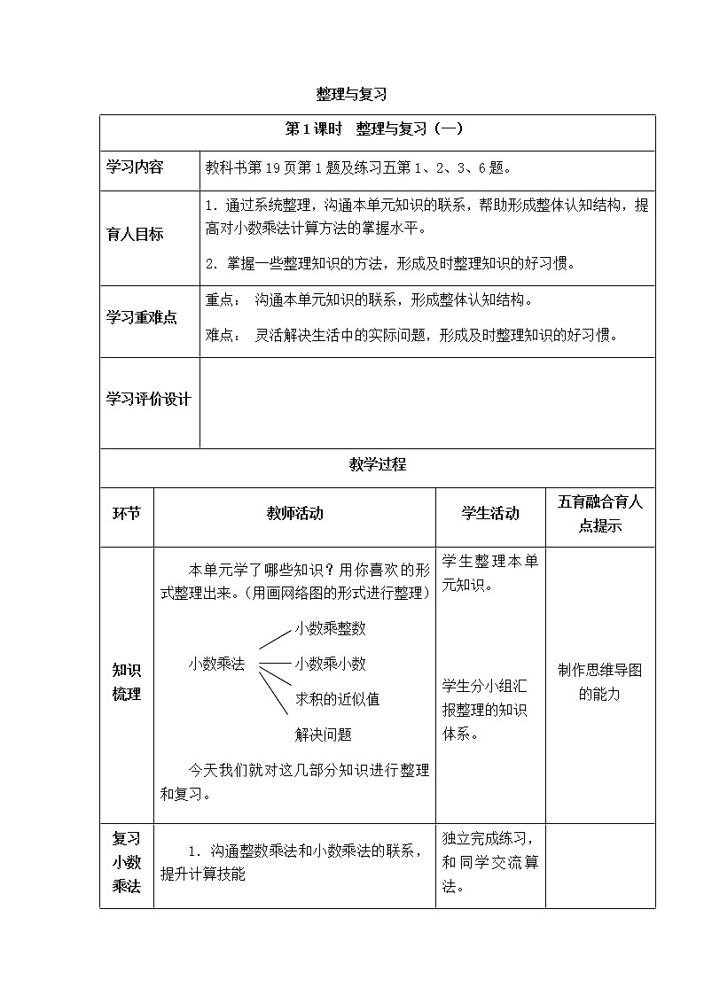 西师版数学五年级上册表格式教案  第一单元整理与复习01