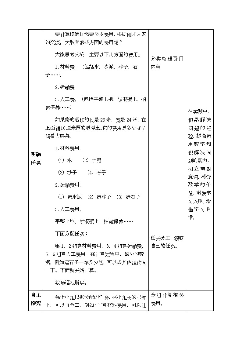 西师大版五年级上册数学表格式教案  综合与实践：修晒坝的经费预算03