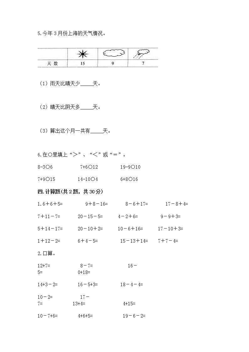 苏教版一年级下册数学第一单元 20以内的退位减法 测试卷【基础题】03