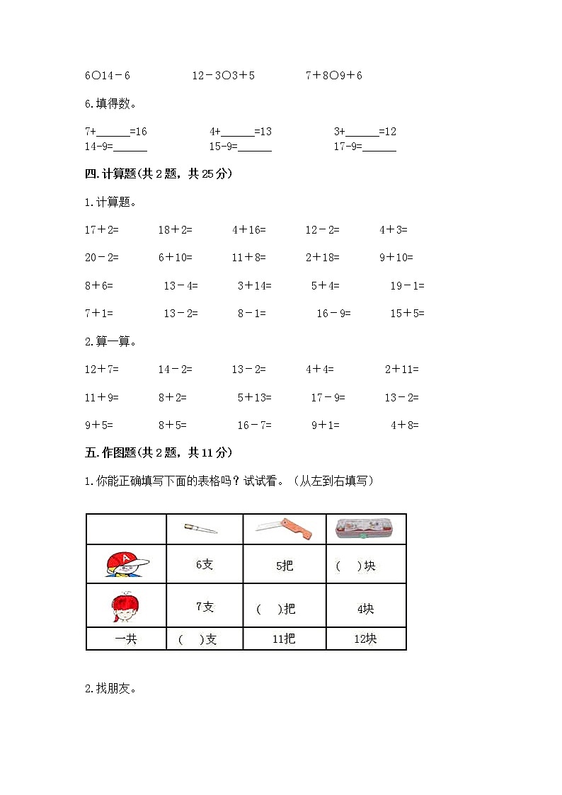 苏教版一年级下册数学第一单元 20以内的退位减法 测试卷附答案（基础题）03