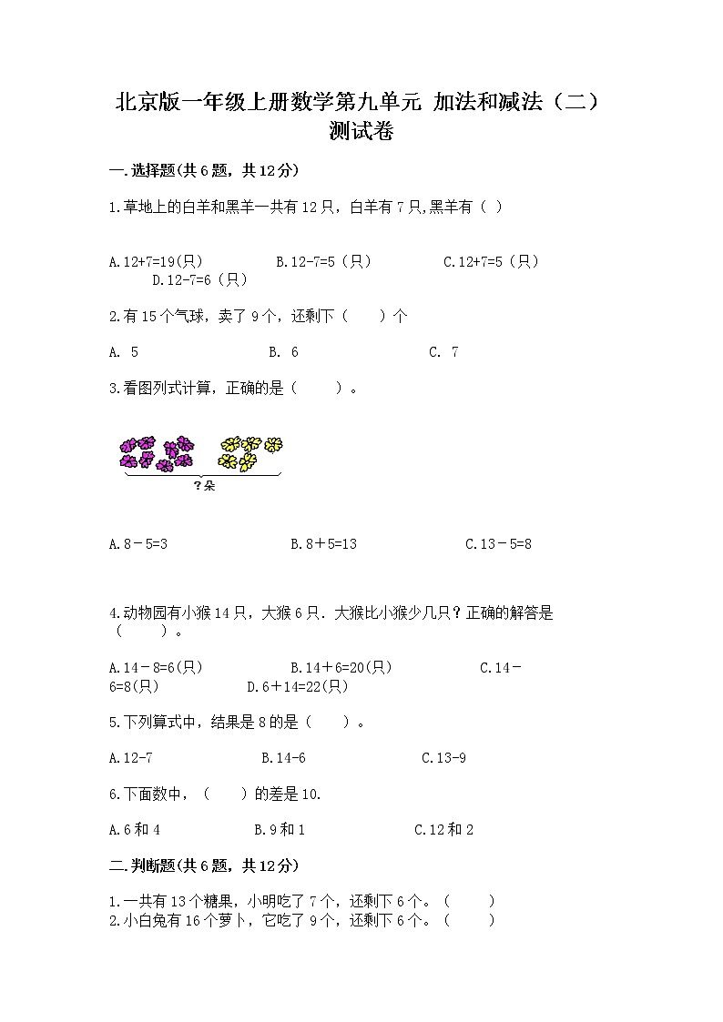 北京版一年级上册数学第九单元 加法和减法（二） 测试卷（实用）01