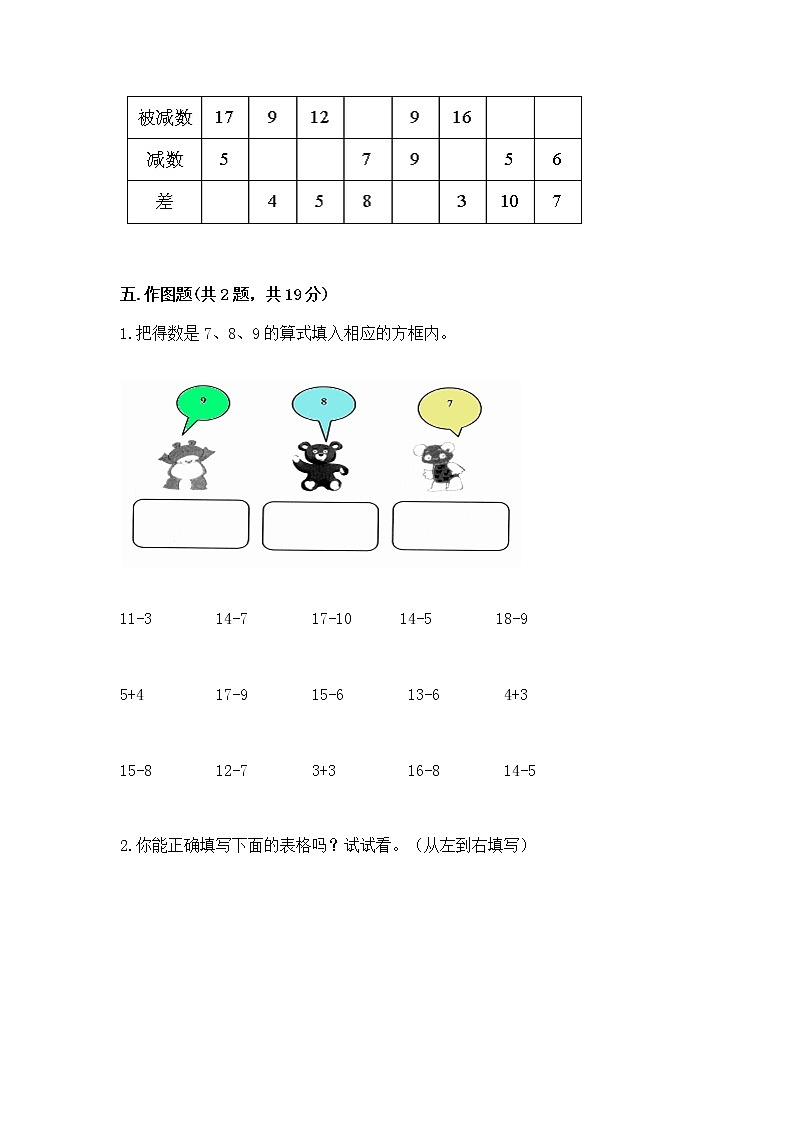 冀教版一年级上册数学第九单元 20以内的减法 测试卷【新题速递】03