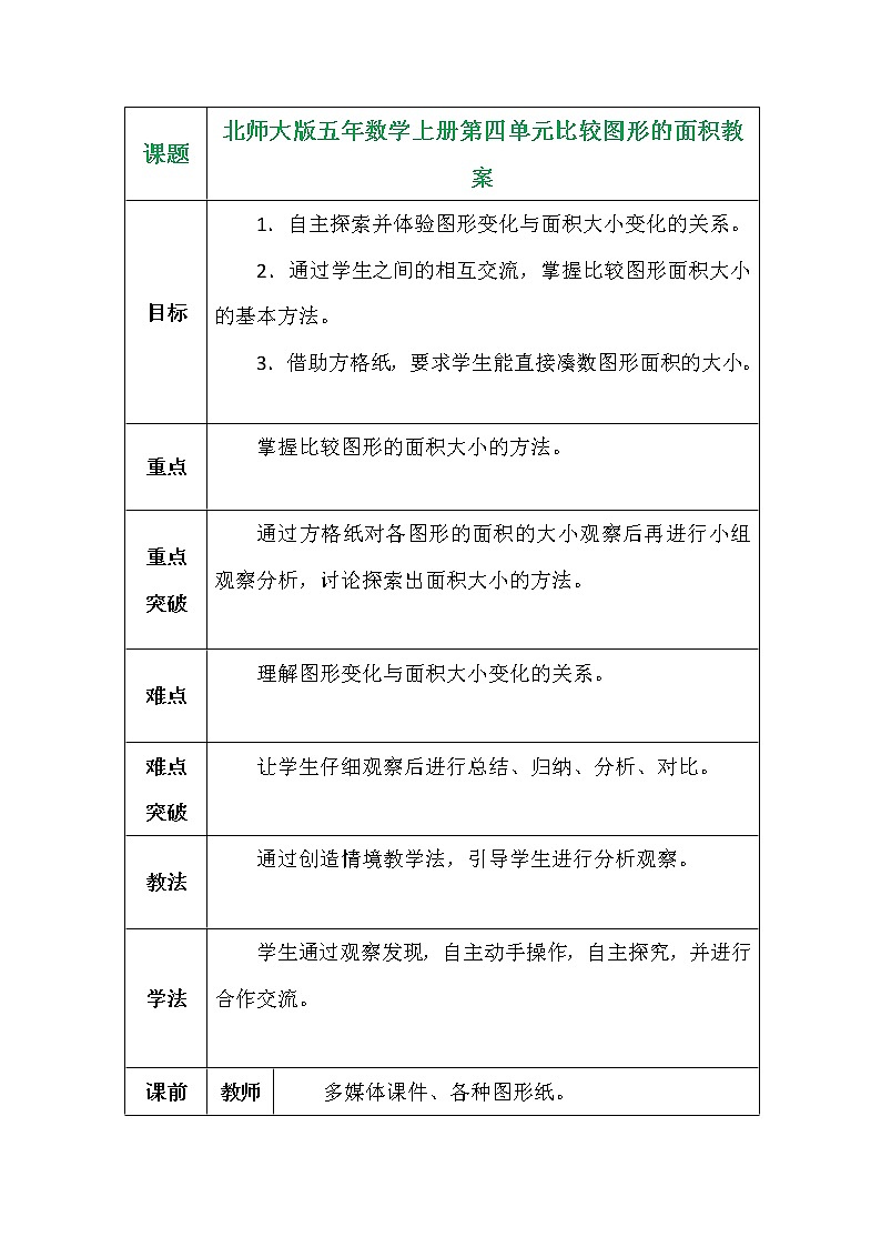 北师大版五年数学上册第四单元比较图形的面积教案第1页