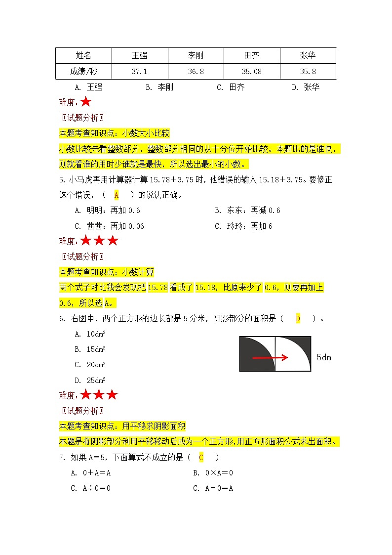 昆明市2022西山区四年级下学期数学期末测试卷答案第2页