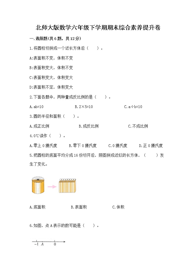北师大版数学六年级下学期期末综合素养提升卷加下载答案第1页
