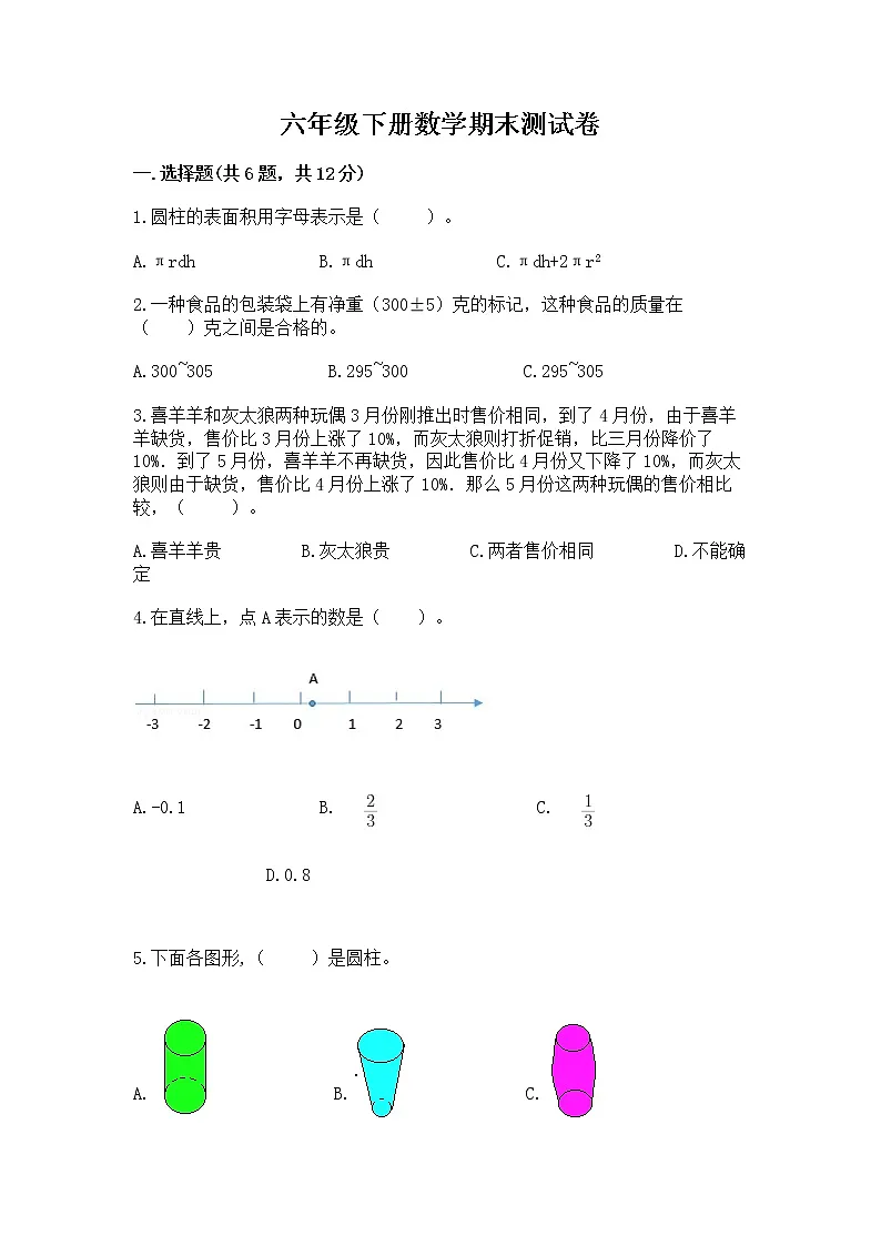 六年级下册数学期末测试卷附答案（巩固）第1页